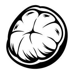 A Stylized Black and White Illustration of a Mangosteen Fruit Cut Open