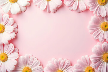 Naklejka premium Delicate daisies arranged symmetrically on a soft pastel pink backdrop create a serene and inviting floral composition perfect for adding a touch of gentle beauty