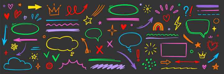 Line hand drawn brush marker arrow, heart shape element kid color set. Hand drawn sketch marker underline shape, arrow, star marker brush pen stroke icon heart element. Vector illustration