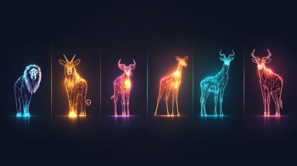 A digital illustration of stylized, neon-like animals including a lion, antelope, and deer, showcasing vibrant colors and geometric patterns.