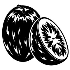 Monochrome rendition of passion fruit with one whole and one halved