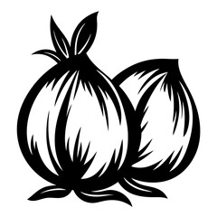 Stylized monochrome drawing of two garlic bulbs with sprouting shoots, an illustration