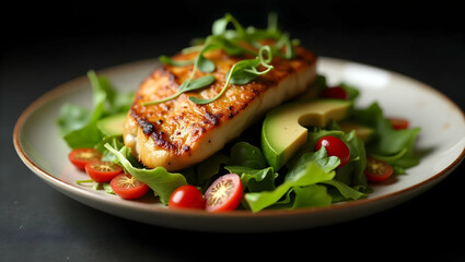 Delicious and Healthy, Chicken Breast and Avocado Salad in Moody Lighting Showcasing Fresh Greens, Ripe Avocado, and Juicy Cherry Tomatoes on an Elegant Plate
