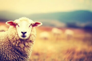 Fototapeta premium A fluffy white sheep gazes forward with a blurred, golden field and distant hills as a backdrop. Warm, natural tones dominate the scene