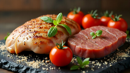 Delicious chicken breast and steak arrangement with seasoning, showcasing culinary excellence and healthy eating choices, ideal for food bloggers and chefs