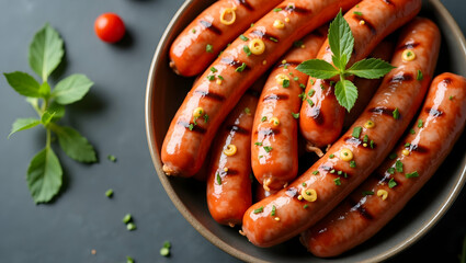 Delicious Coiled Sausage Links Arranged with Mustard and Fresh Herbs, Perfect for Culinary Enthusiasts and Food-Related Projects with a Modern Aesthetic