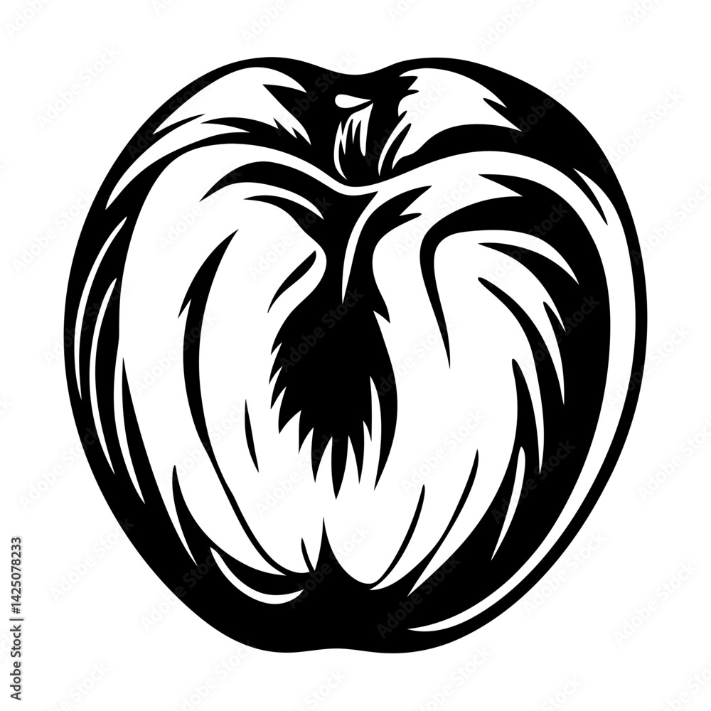 Poster stylized monochrome image of an apple with swirling vector art elements