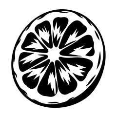 Black and white illustration of a citrus fruit slice, isolated graphic