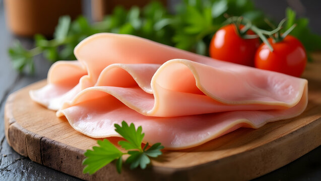 Delicious ham slices elegantly arranged with fresh parsley and vibrant cherry tomatoes on a rustic wooden board creating a delightful culinary presentation