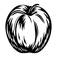 A stylized black and white image of an apple, full of detail