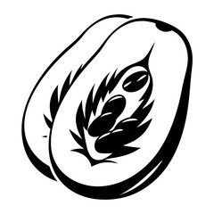 Minimalist monochrome depiction of a papaya cut in half showing seeds and flesh