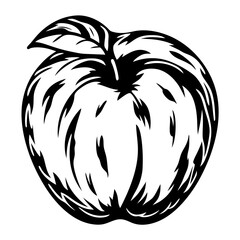 Monochrome stylized vector drawing of an apple with detailed leaf