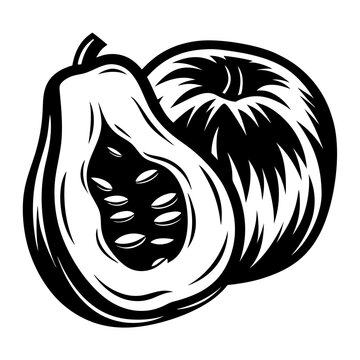 recommend clip art: Monochrome rendition of halved papaya fruit, with seeds, in simplistic style