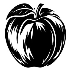 Stylized black and white apple illustration with leaves and intricate patterns