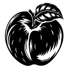 Black and White Graphic Apple with Leaf, Illustration, Detailed, and Bold