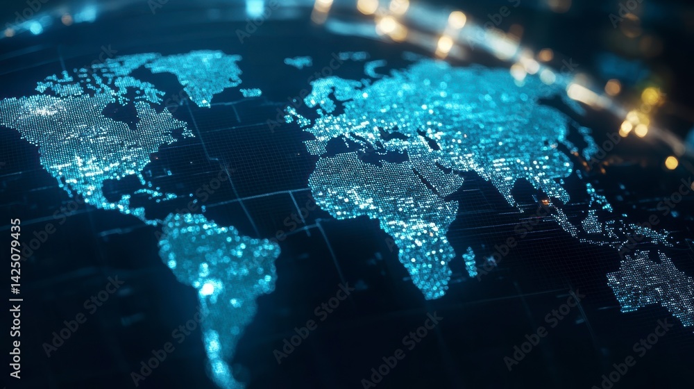 Aufkleber Glowing digital world map with continents and grid.