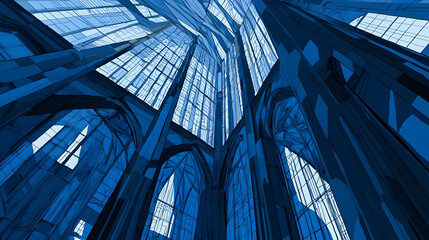 Cathedral interior, upward view, gothic architecture, stained glass, light, design,  architectural illustration, website background
