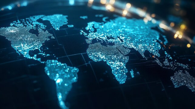 Glowing digital world map with continents and grid.