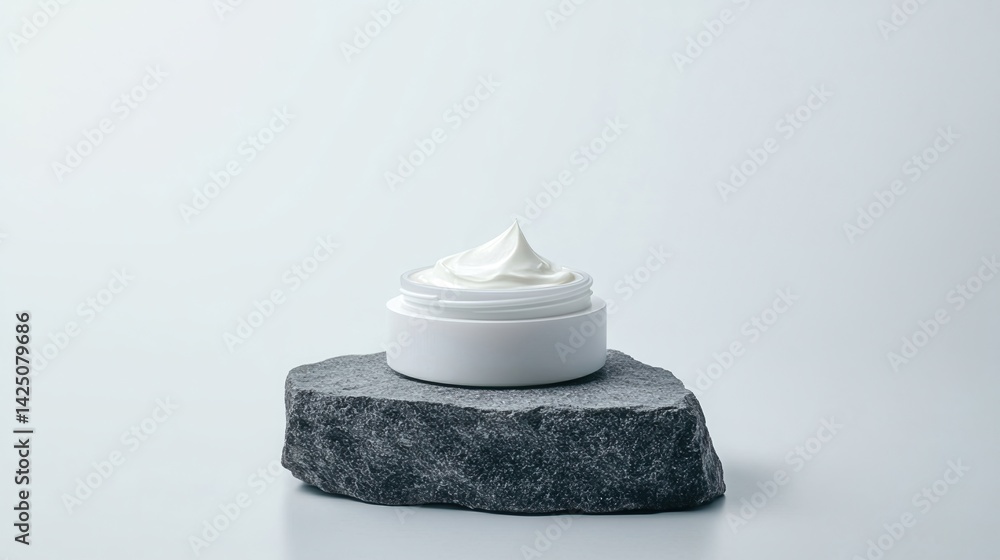 Poster a clean, minimalist display featuring a jar of cream on a textured stone base, emphasizing simplicit