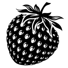 Detailed Monochrome Silhouette of a Strawberry with Seeds and Leaves