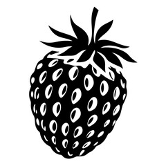 Black and white simplistic strawberry illustration with seeds and stem