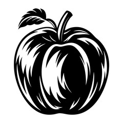 Stylized black and white apple illustration with leaves and stem design