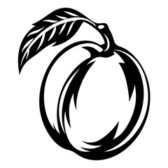 Graphic Black and White Illustration of a Ripe Peach with a Leaf