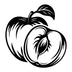 Bold black and white illustration of an apple and a half apple