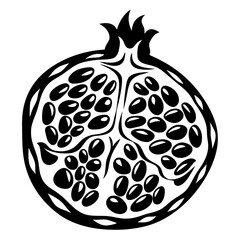 Artistic depiction of a pomegranate cut in half with many juicy seeds