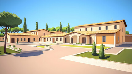 Roman villa courtyard sunny day; historical architecture; travel destination illustration