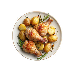 A plate of chicken legs with potatoes on a transparent  background