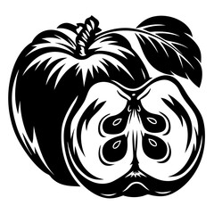 Stylized Apple Halved with Leaves and Stem in a Black and White Image
