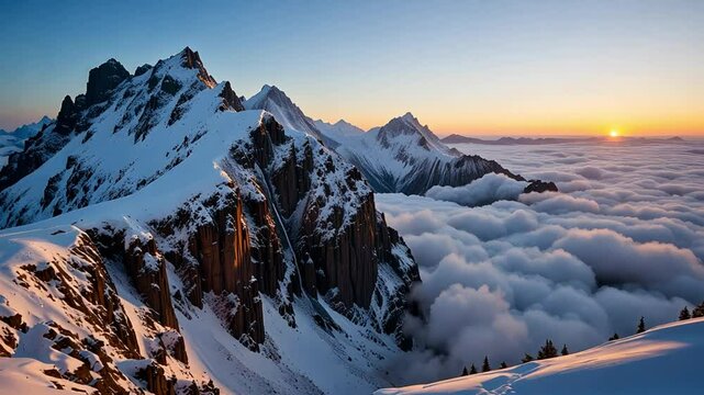 Snowy mountain peaks above clouds at sunrise scenic landscape videography wallpaper background video