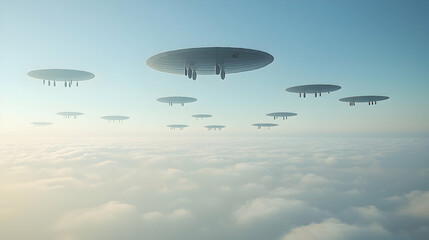 UFO fleet above clouds, daytime sky; science fiction illustration, perfect for sci-fi movie posters or video games