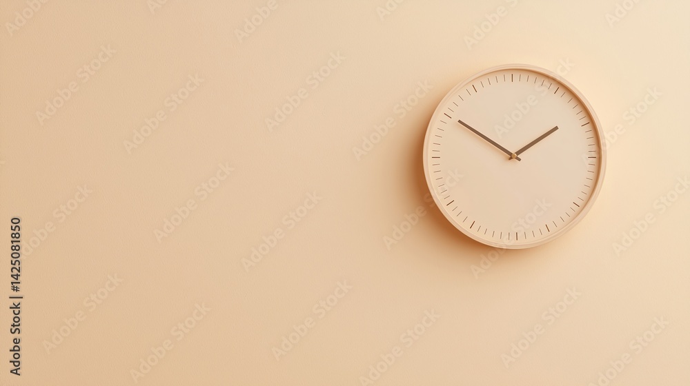 Poster a simple wall clock in a soft beige setting, emphasizing minimalism and modern design.