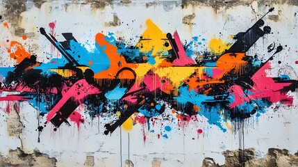 Fototapeta premium A vibrant, seamless pattern of colorful graffiti art layered on a weathered concrete wall, showcasing urban street art, 