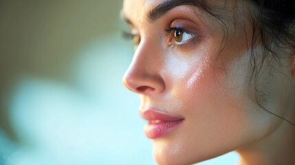 Close-up of a radiant woman with glowing skin, embodying subtle beauty enhancement and natural elegance.