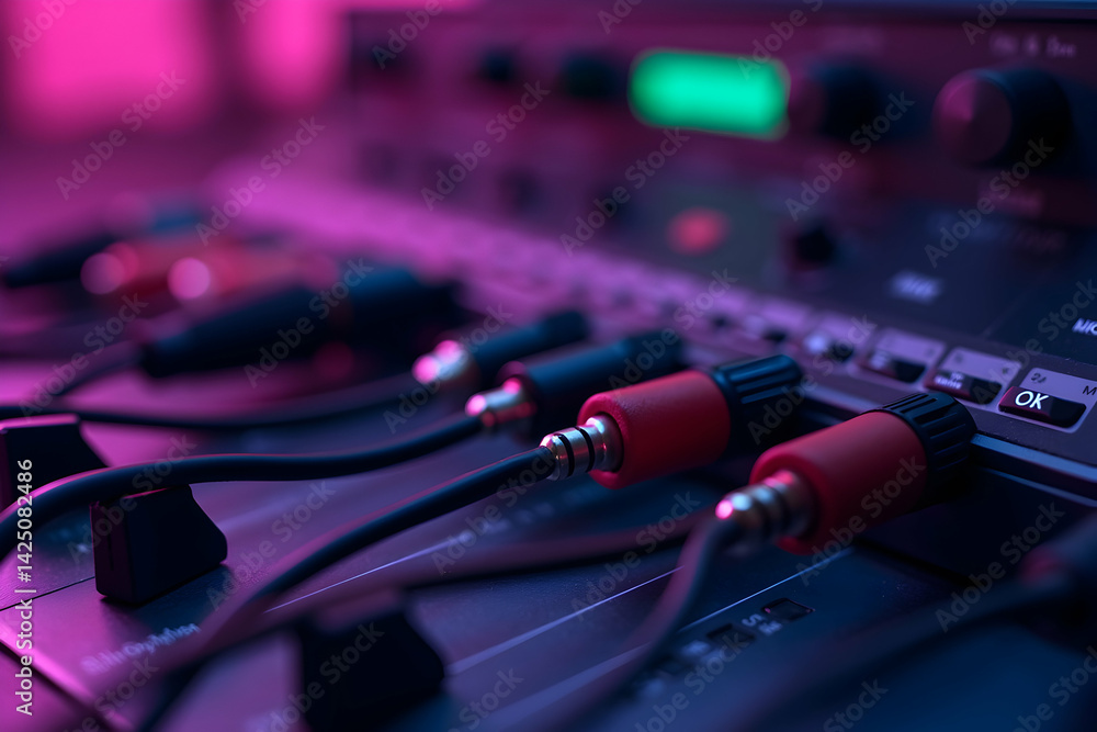 Aufkleber detailed image of audio cables connected to a sound mixing console with high contrast and focus on c