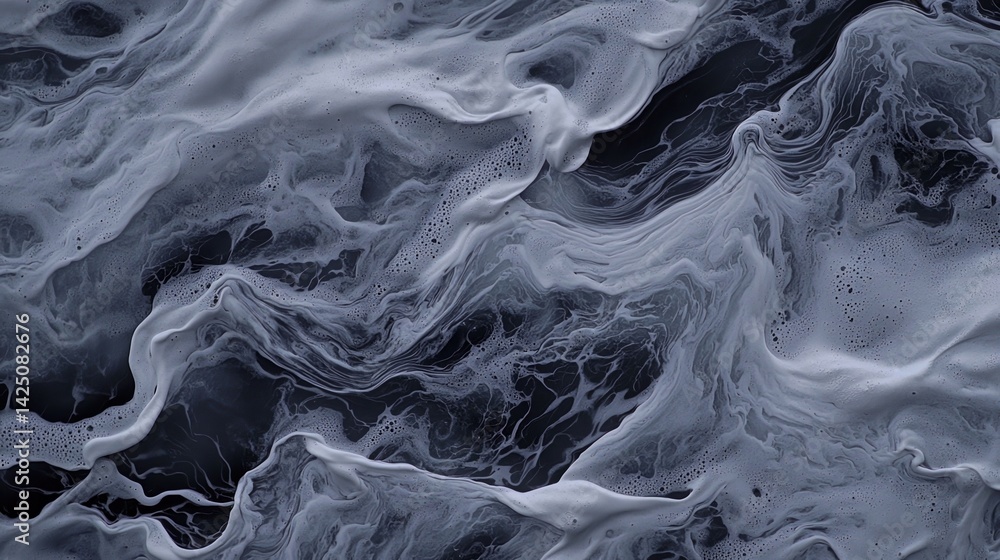 Poster an abstract image showcasing swirling patterns of dark and light gray, resembling flowing water with