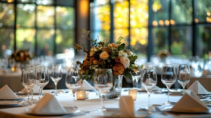 Elegant corporate event venue with ambient lighting and sophisticated table settings for upscale business functions
