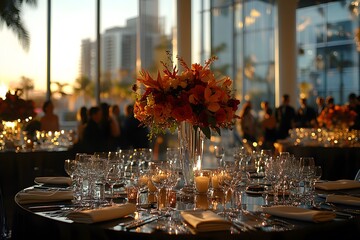 Elegant corporate event venue with ambient lighting and sophisticated table settings for upscale business functions
