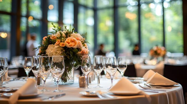 Elegant corporate event venue with ambient lighting and sophisticated table settings for upscale business functions
