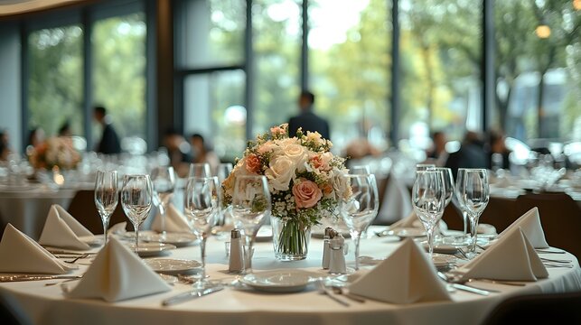 Elegant corporate event venue with ambient lighting and sophisticated table settings for upscale business functions
