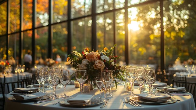 Elegant corporate event venue with ambient lighting and sophisticated table settings for upscale business functions
