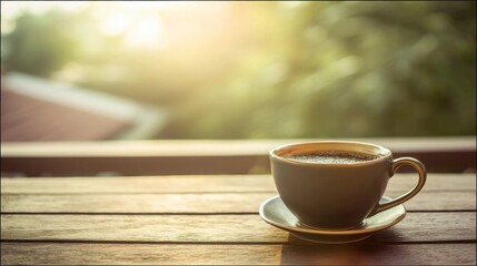 Coffee cup on a wooden table, radiating warmth and simplicity, evoking a sense of calm and morning serenity.