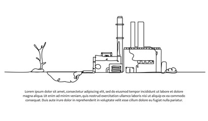 Continuous one line design of industrial factory with pollution. Minimalist style vector illustration on white background.