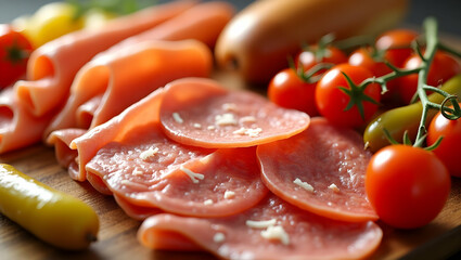Detailed Still Life Featuring an Array of Cured Meats, Fresh Tomatoes, and Crisp Pickles arranged on a Rustic Wooden Board, Perfect for Culinary Themes
