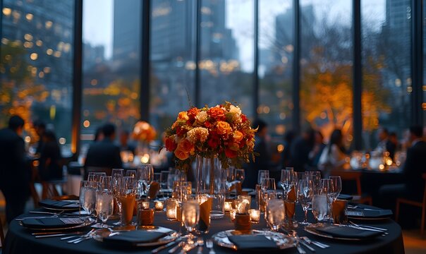 Elegant corporate event venue with ambient lighting and sophisticated table settings for upscale business functions

