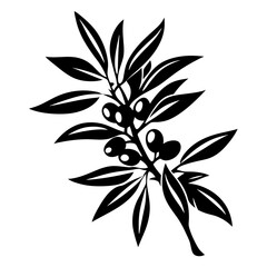 Monochrome depiction of an olive branch with olives and pointed leaves