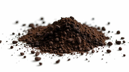 Detailed studio shot showcasing a pile of fertile garden soil, scattered artfully on a pristine surface, with a focus on texture and earthy richness